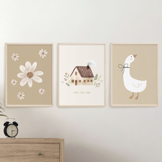 Goose poster set for kids room in warm brown tones – premium high quality prints by Ponponi