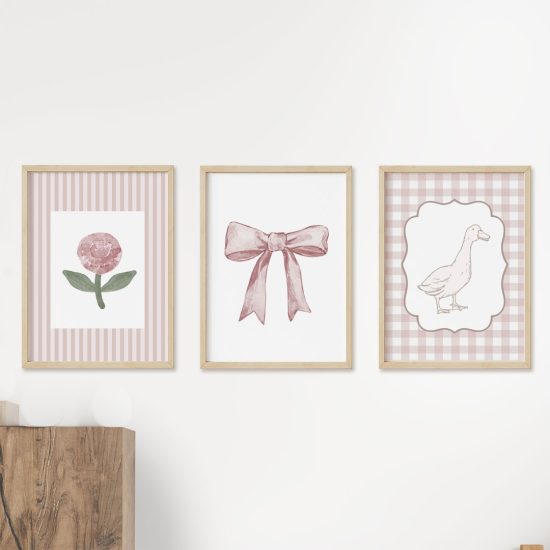 Pink goose flower and bows kids room photo set – premium prints by Ponponi