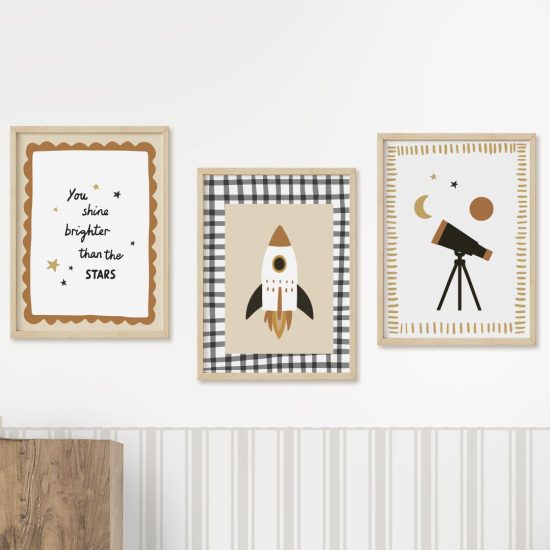 Outer space telescope and spaceship kids room poster set – premium prints by Ponponi