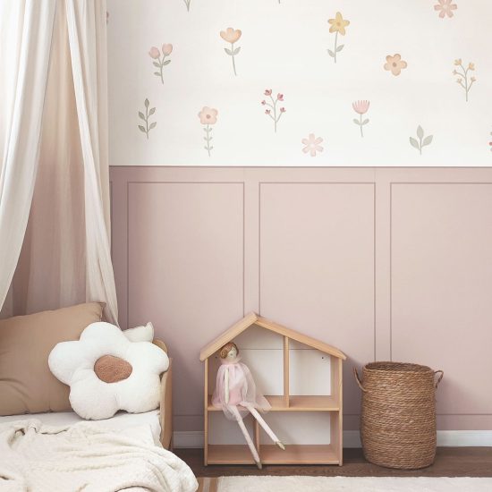 Pink half-wall panel-style adhesive wallpaper