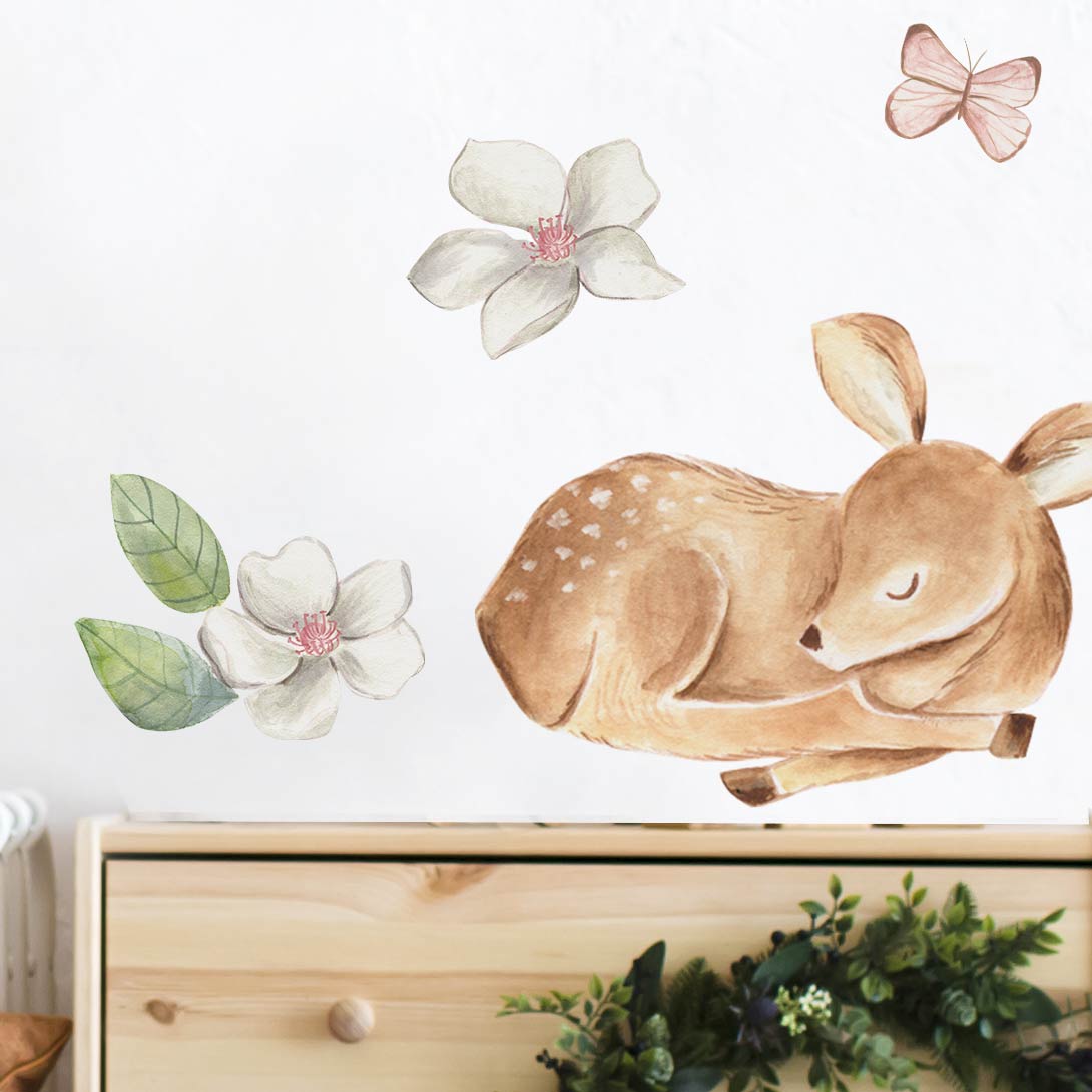 Large Bambi wall stickers with butterflies and flowers