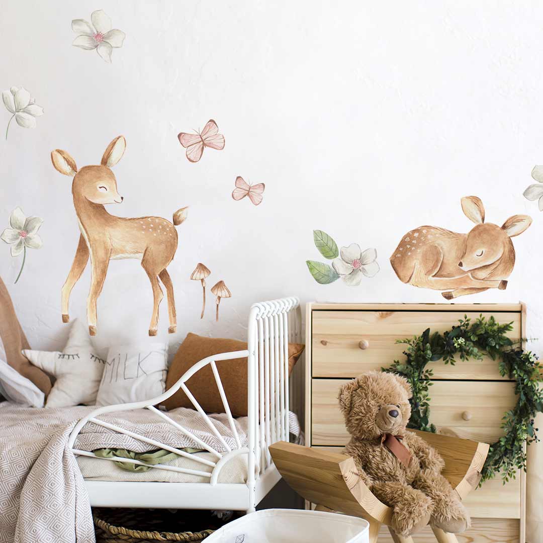 Large Bambi wall stickers with butterflies and flowers – reusable fabric decals by Ponponi
