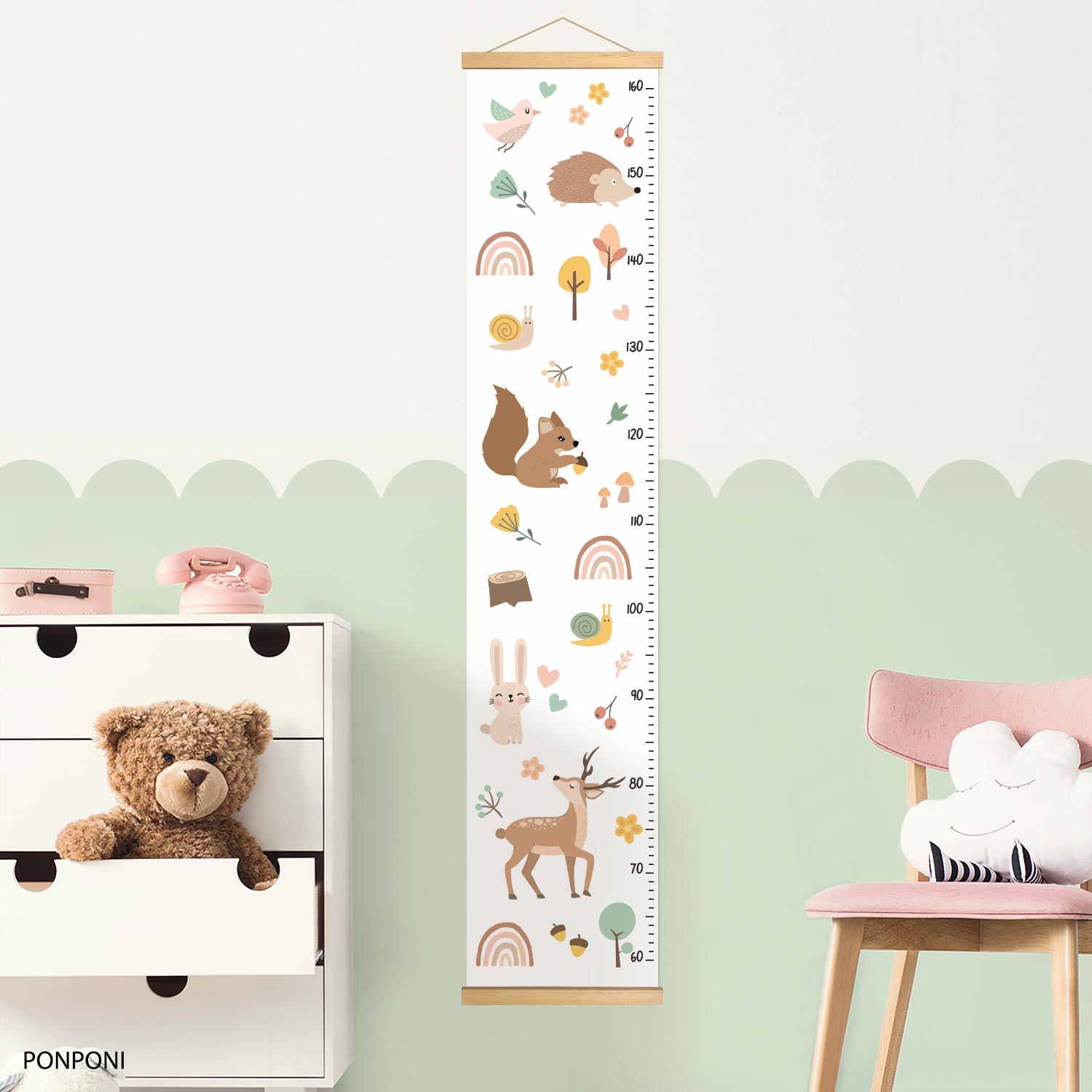 Height chart for children with Bambi, rainbow, and forest animals