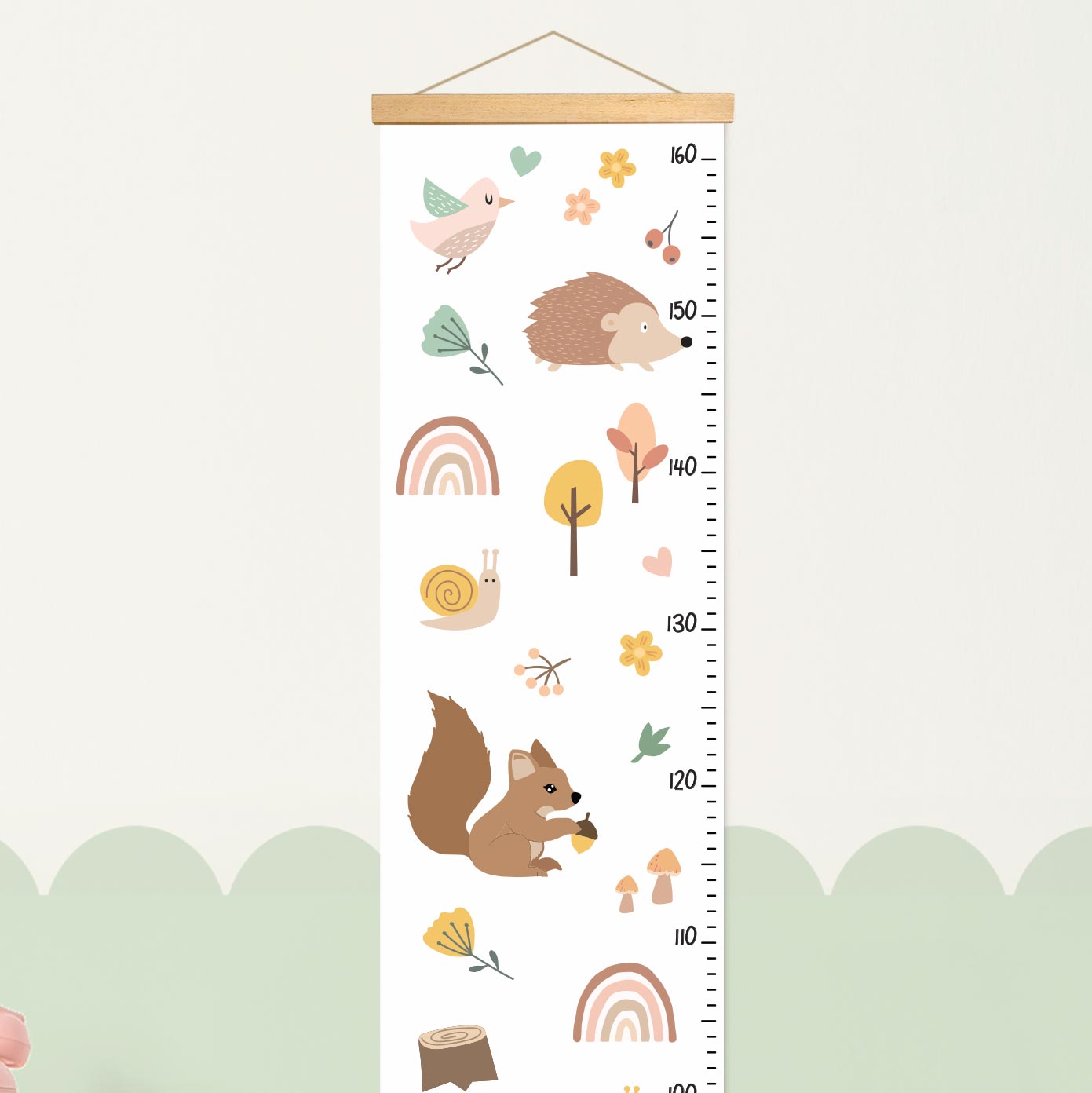Height chart for children with Bambi, rainbow, and forest animals