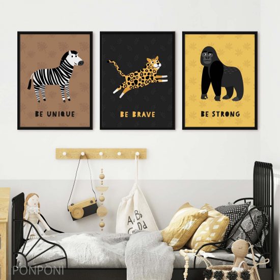 Ensemble de tableaux pour une chambre d'enfant – animaux : tigre, gorille, zèbre