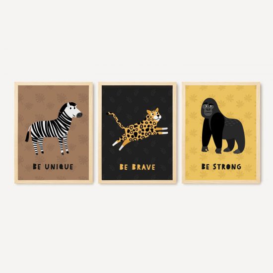 Ensemble de tableaux pour une chambre d'enfant – animaux : tigre, gorille, zèbre