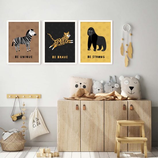 Ensemble de tableaux pour une chambre d'enfant – animaux : tigre, gorille, zèbre