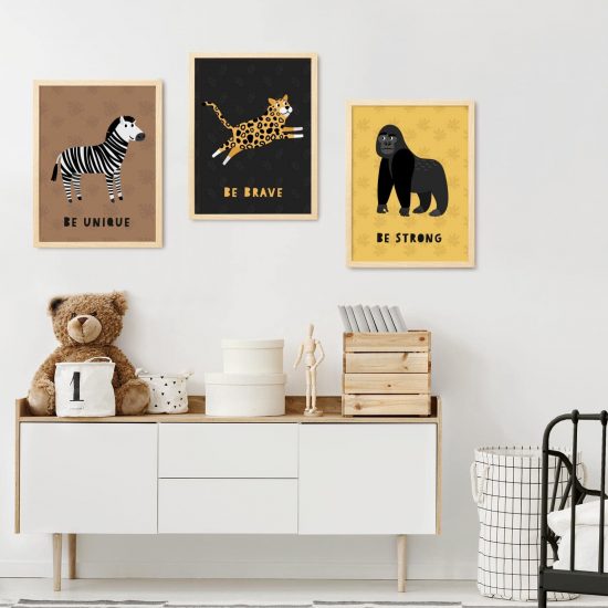 Tiger gorilla zebra animal kids room picture set – premium high quality prints by Ponponi