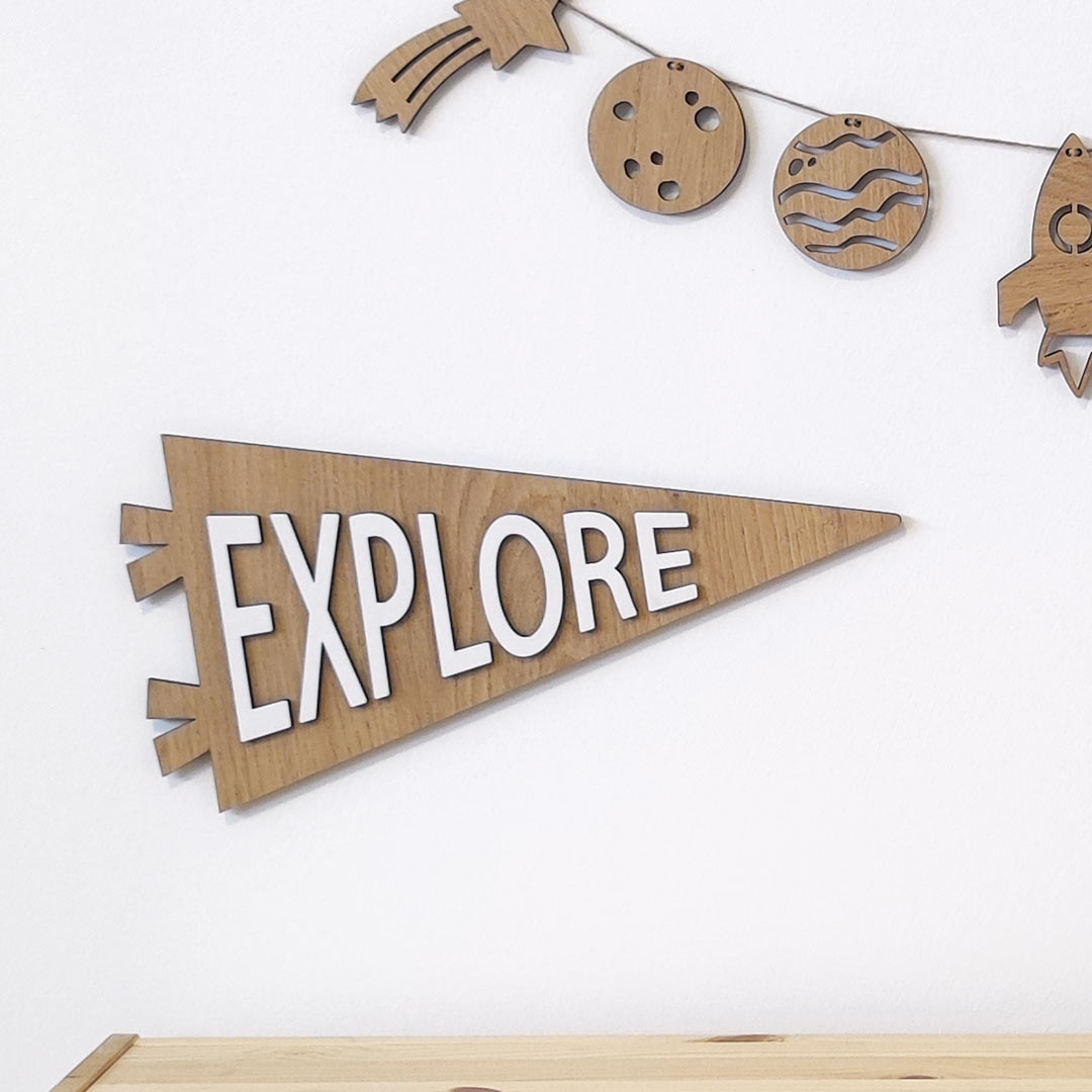 Explore children's room sign – wooden flag