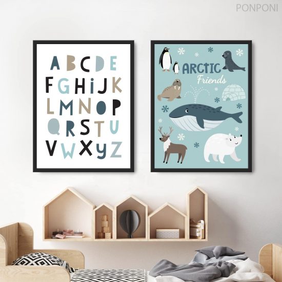 Cuadros de animales polares del abecedario para habitación infantil