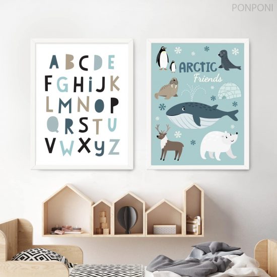 Cuadros de animales polares del abecedario para habitación infantil