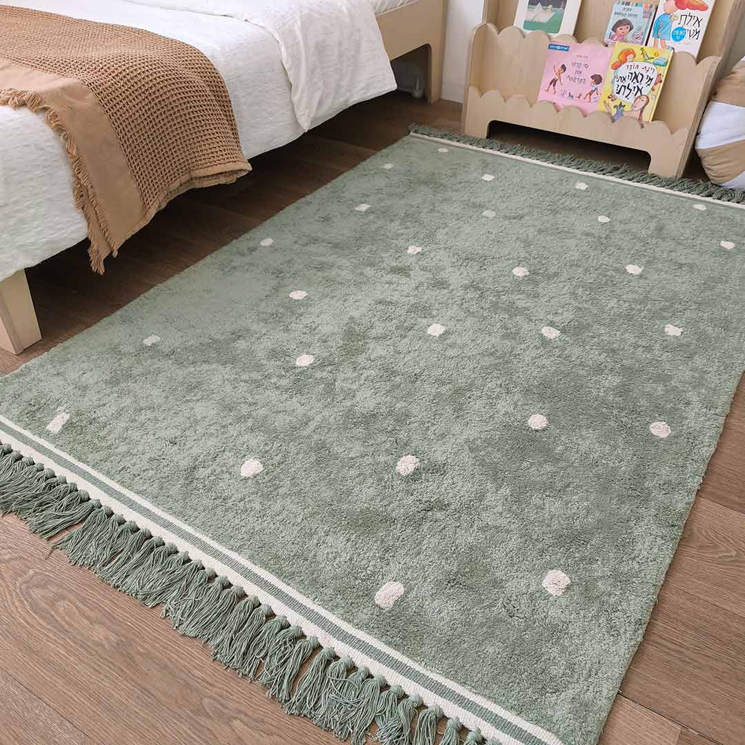 Rectangular vintage green rug with dots – rug for children's room