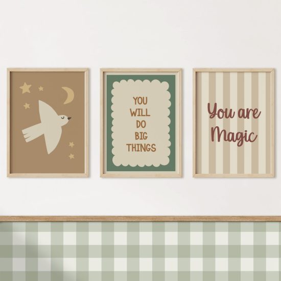 Juego de pósteres para habitación infantil de estilo escandinavo: Pájaros y frases inspiradoras