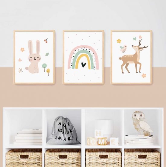 Bambi and rabbit kids room picture set – premium high quality prints by Ponponi