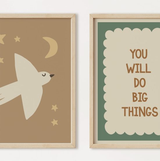 Juego de pósteres para habitación infantil de estilo escandinavo: Pájaros y frases inspiradoras