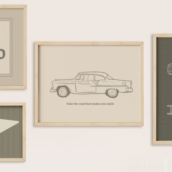 Pictures for a vintage-style children's room in shades of olive green