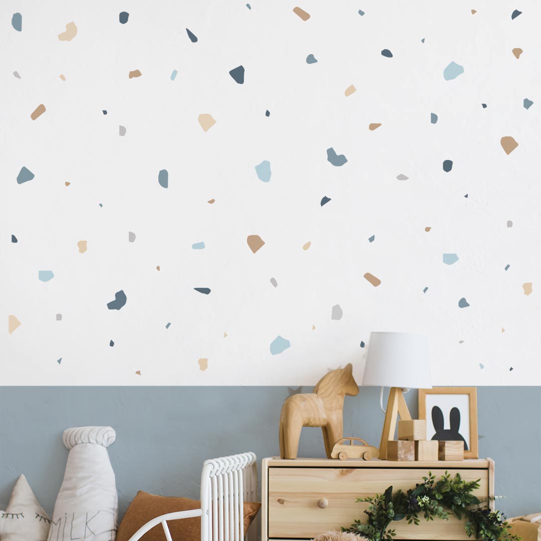 Blue and beige terrazzo wall stickers 400 piece – reusable Nordic kids room decals by Ponponi
