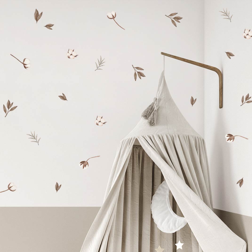 Cotton flower wall stickers in soft neutral tones – reusable boho kids room decals by Ponponi