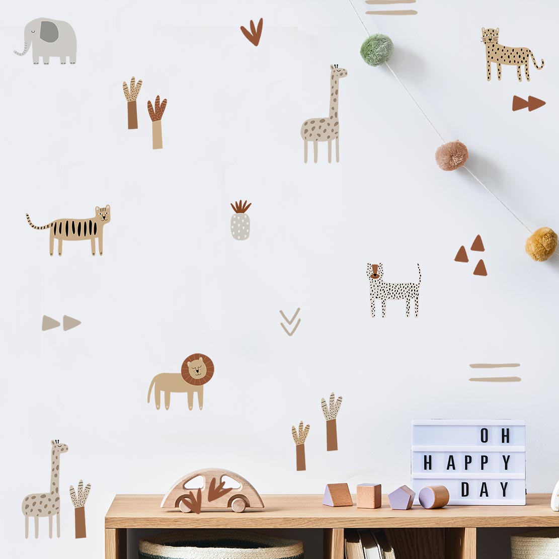Safari animal wall stickers in Nordic style – reusable jungle kids room decals by Ponponi
