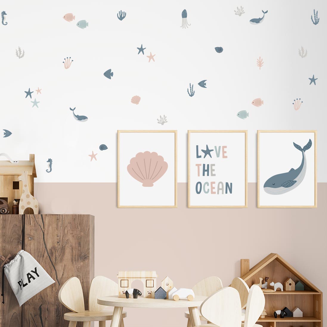 Sea wall stickers for children's rooms in blue pink and brown – reusable decals by Ponponi