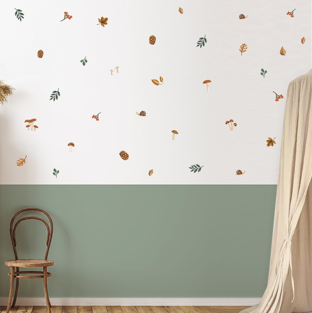 Autumn forest wall stickers with fallen leaves in neutral tones – reusable decals by Ponponi