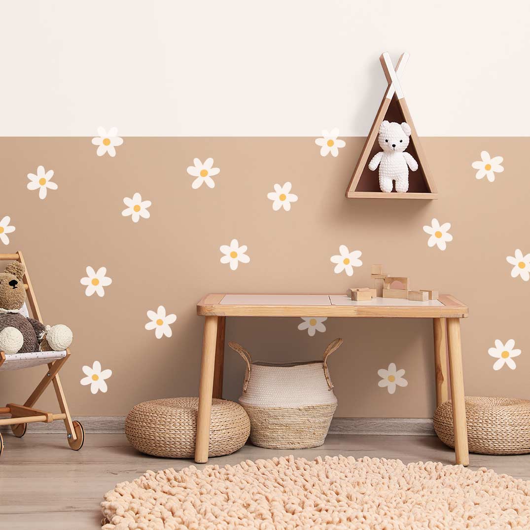 Daisy flower wall stickers in white brown and pink – reusable kids room decals by Ponponi