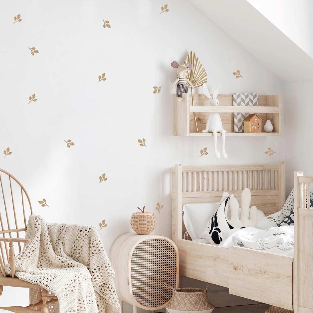 Baby leaf wall stickers in brown and green – reusable boho nursery decals by Ponponi
