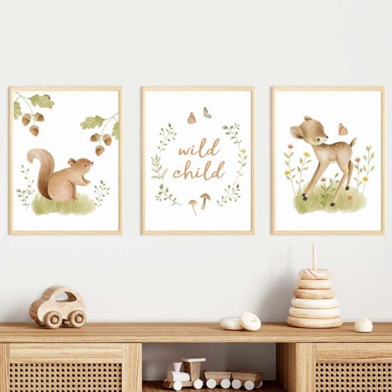 Wild Child Bambi watercolor kids room poster set – premium high quality prints by Ponponi