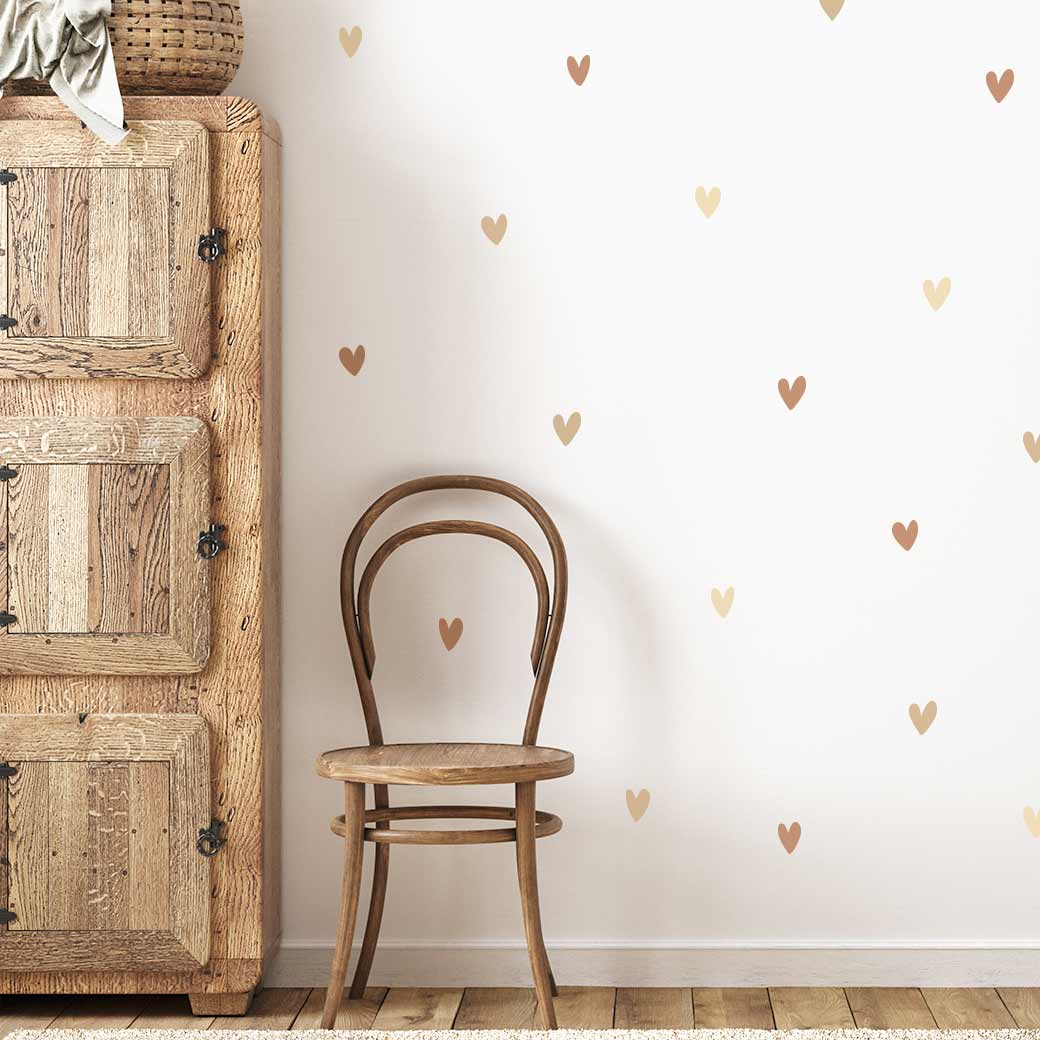 Boho chic heart wall stickers in beige and pink – reusable kids room decals by Ponponi