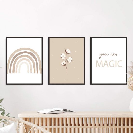 Juego de cuadros para una habitación infantil: Flores de algodón y un arcoíris