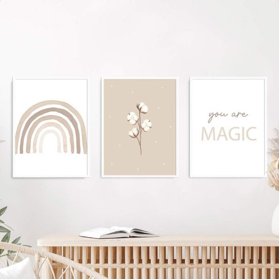 Juego de cuadros para una habitación infantil: Flores de algodón y un arcoíris
