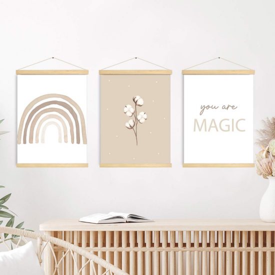 Juego de cuadros para una habitación infantil: Flores de algodón y un arcoíris