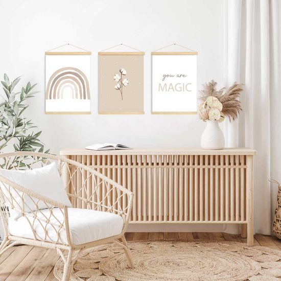Juego de cuadros para una habitación infantil: Flores de algodón y un arcoíris