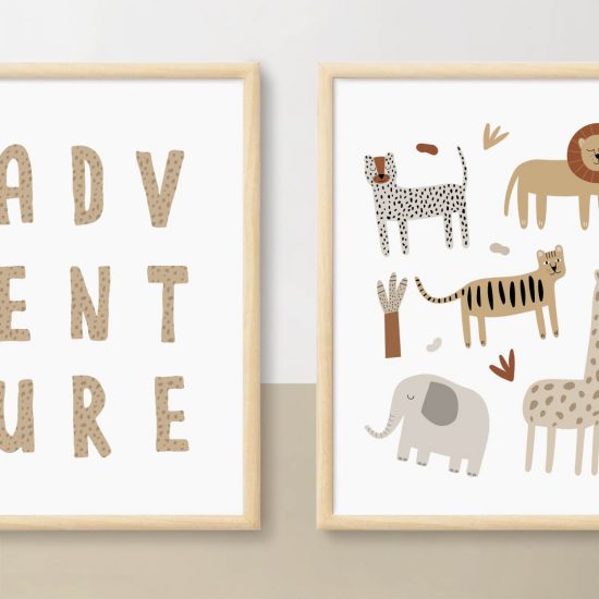 A set of pictures for a children's room featuring neutral-colored jungle safari animals
