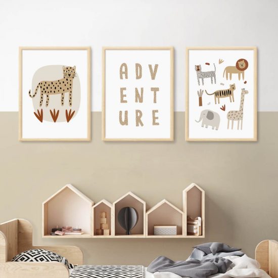 Neutral jungle safari animal kids room poster set – premium prints by Ponponi