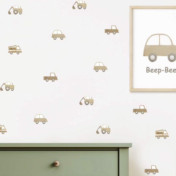 Transportation and car wall stickers in neutral boho tones – reusable kids room decals by Ponponi