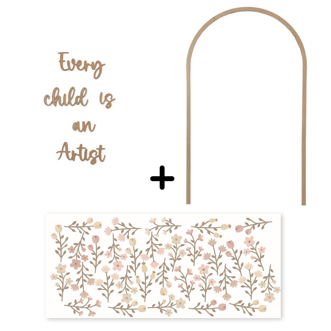 BUNDLE: Wooden bow + flower stickers + wooden inscription Every child is an artist