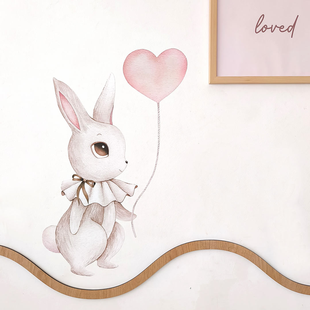 Rabbit wall sticker with heart balloon – reusable non-toxic nursery decal by Ponponi