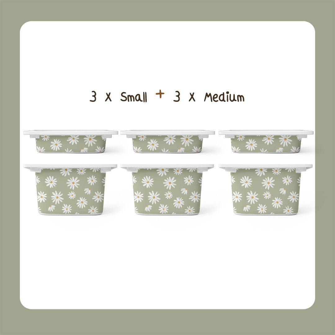 Green storage box stickers with daisies