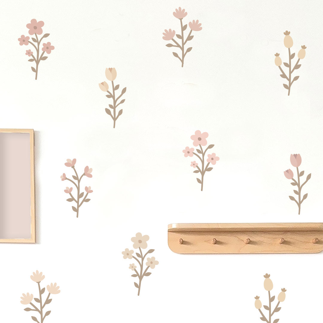 Flower wall stickers in brown and pink cream – reusable non-toxic decals by Ponponi