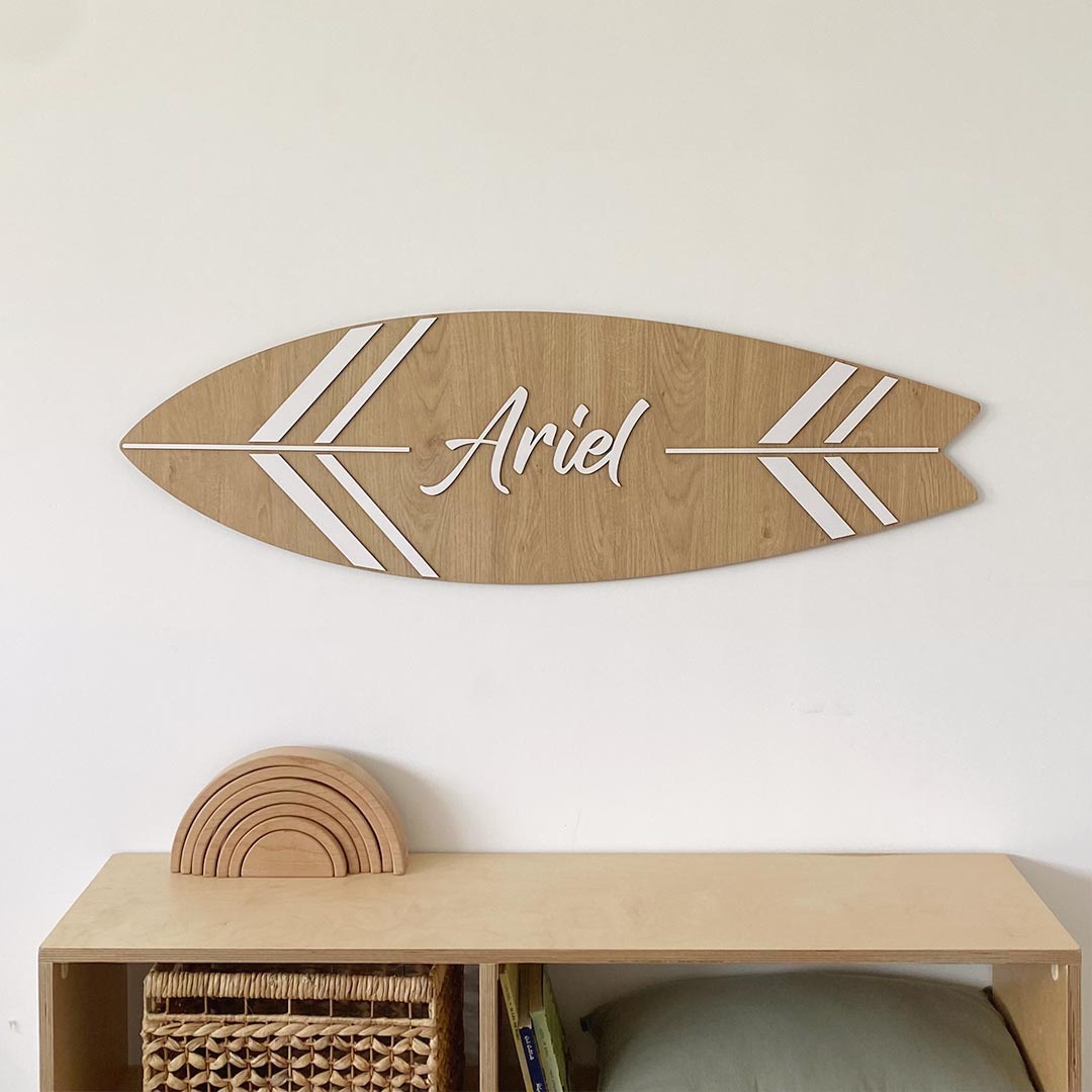 Wooden surfboard with child's name – wall decoration