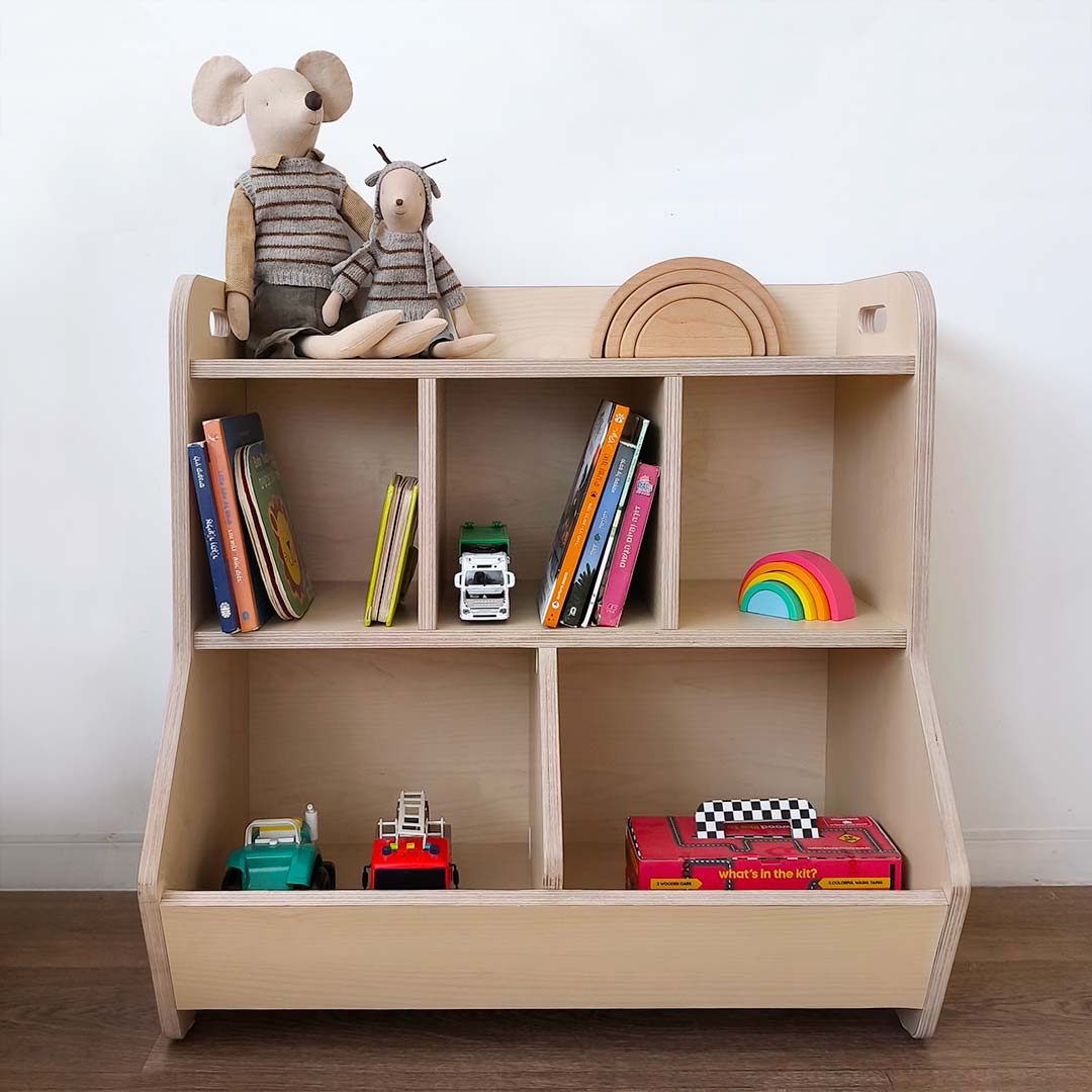 Organized storage for books and toys for children's rooms, model TOM