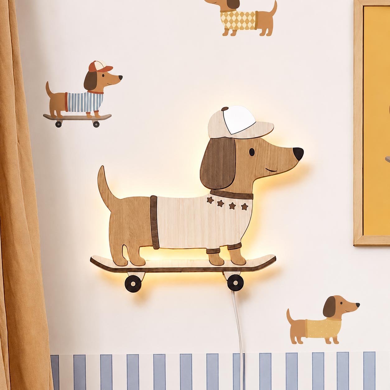 Dachshund on Skateboard Wooden Night Light – Kids' Wall Lamp by Ponponi