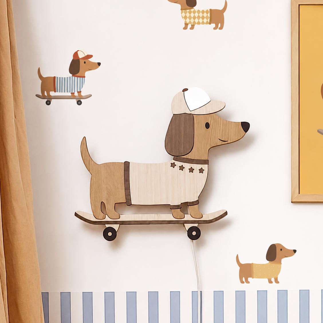 Dachshund on Skateboard Wooden Night Light – Kids' Wall Lamp by Ponponi