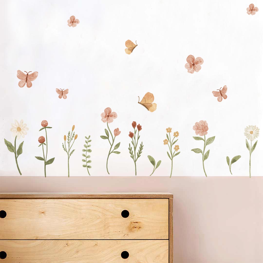 Long flower and butterfly wall stickers in cheerful colors – reusable decals by Ponponi