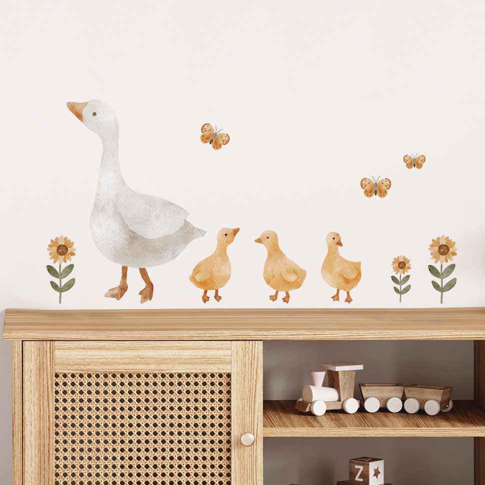 Goose family wall sticker with flowers in Nordic style – reusable decals by Ponponi