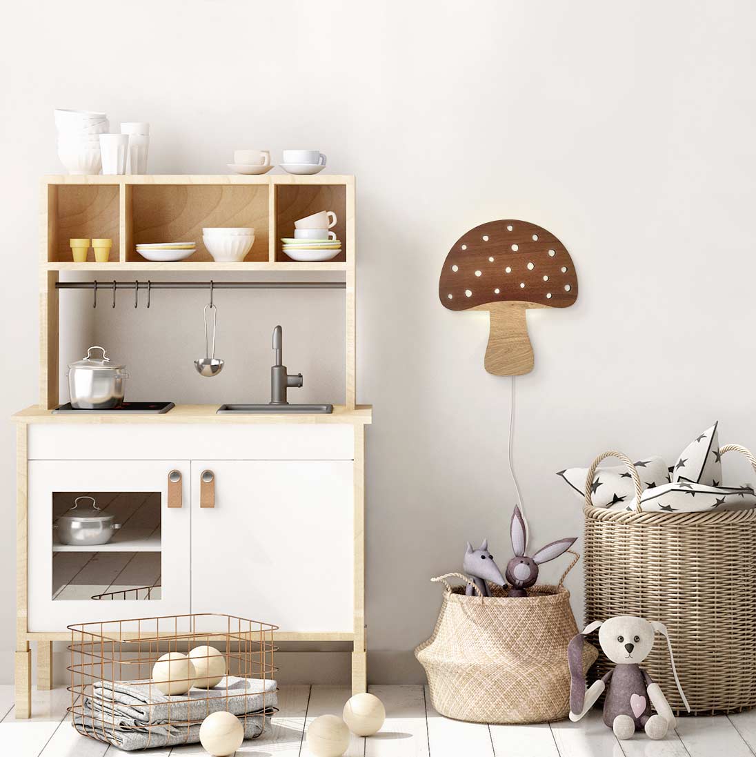 Luz de noche de madera con forma de hongo para habitación infantil.