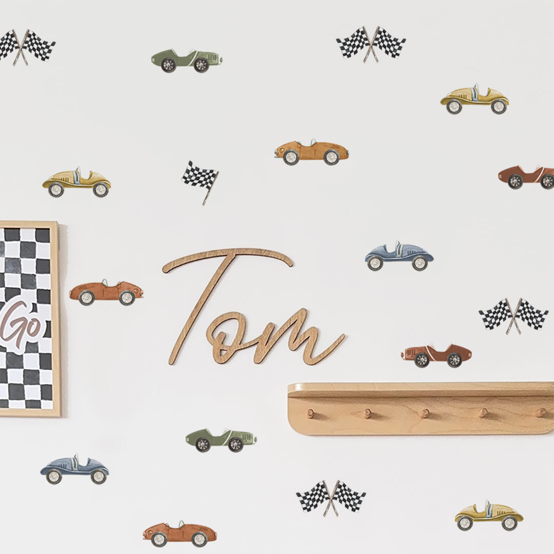 Vintage race car wall stickers in watercolor style – reusable boys room decals by Ponponi
