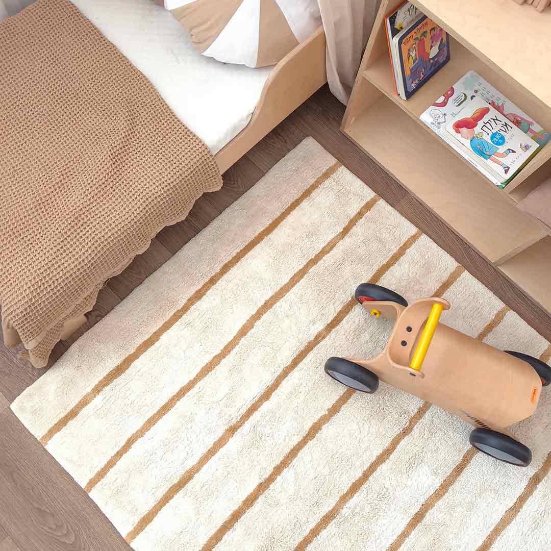 Rectangular cream and beige striped kids room rug OLIVER BROWN – 100% cotton machine washable by Ponponi