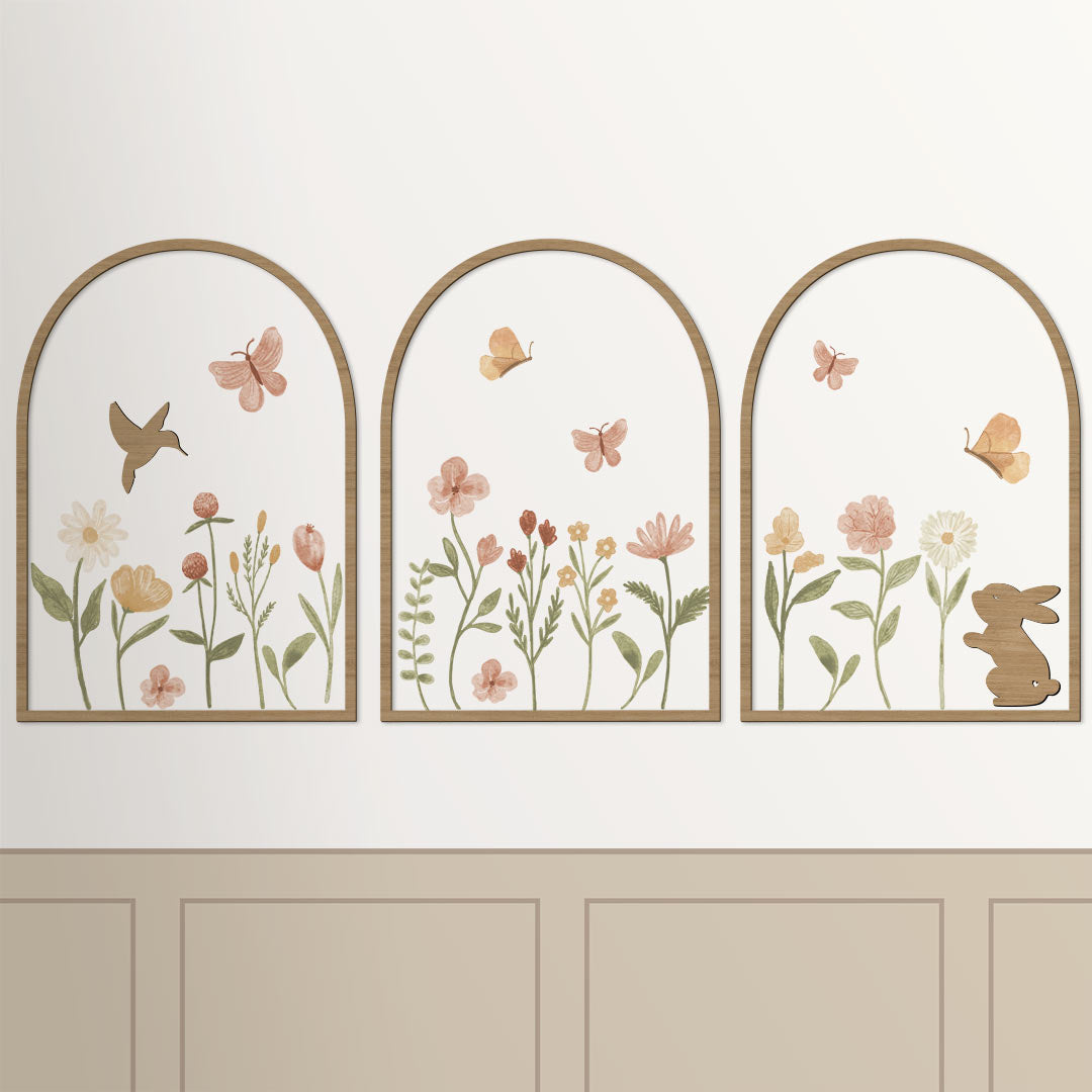 BUNDLE: Wooden bow trio + flower stickers + wooden rabbit and bird